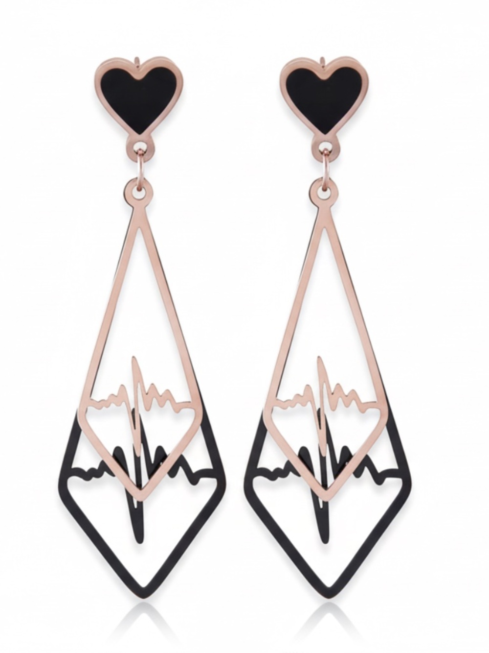 Womens Heart Nurse Medical Drop Earrings Rose Gold & Black Tone